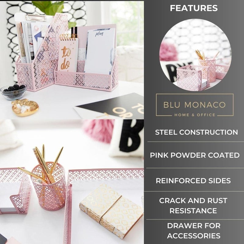 BLU MONACO Pink Desk Organizer Set for Desk Accessories -Mail Sorter  Sticky Note Holder  Pen Cup  Magazine Holder  Letter Tray  and business card holder-Pink Office Decor - Image 4
